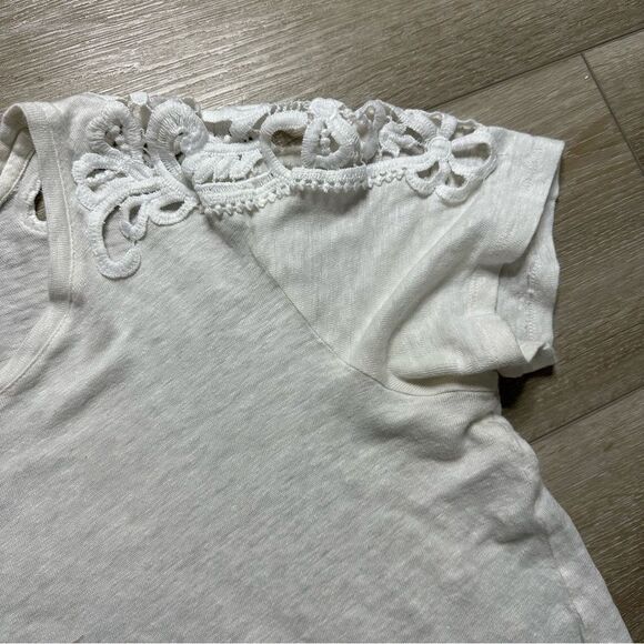 Paige White Linen Blend Short Sleeve Scoop‎ Neck Shirt Crotchet Lace Shoulders - Picture 7 of 8
